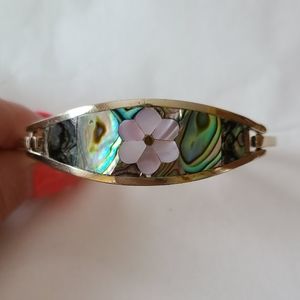 Vintage Alpaca Mexico Hinge Bracelet Artisan Shell Pink Flower